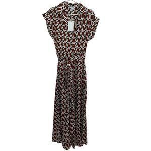 Geometric Print Wide Leg Jumpsuit with‎ Belt and Pearl Detail - Elegant Size S